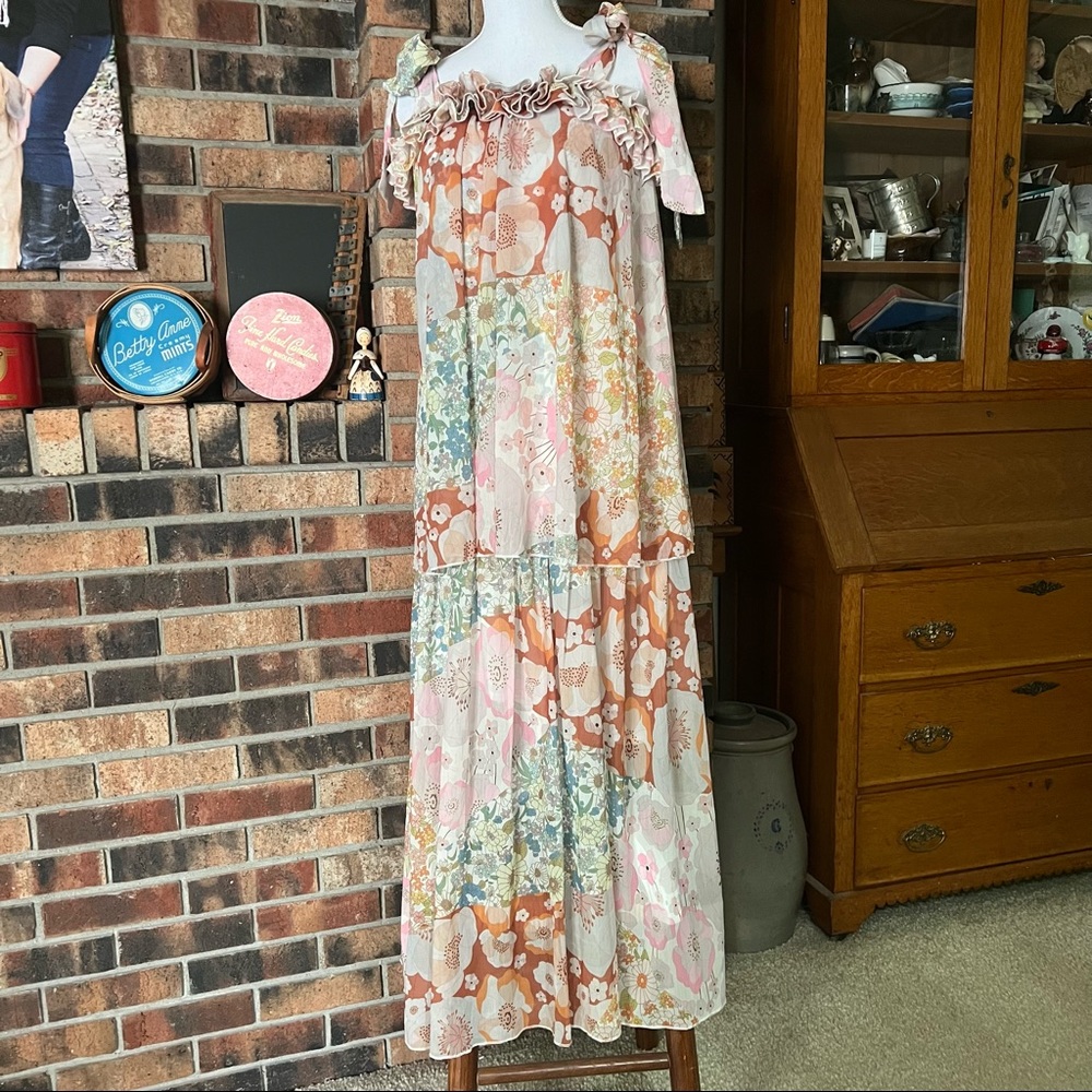 Beulah Maxi Dress Two Tier. Tie Shoulders. Ruffled at Neckline.  NWT Lg